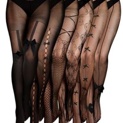 6 Pairs Women Fishnet Thigh High Stockings Waist Tights Patterned Black Bow